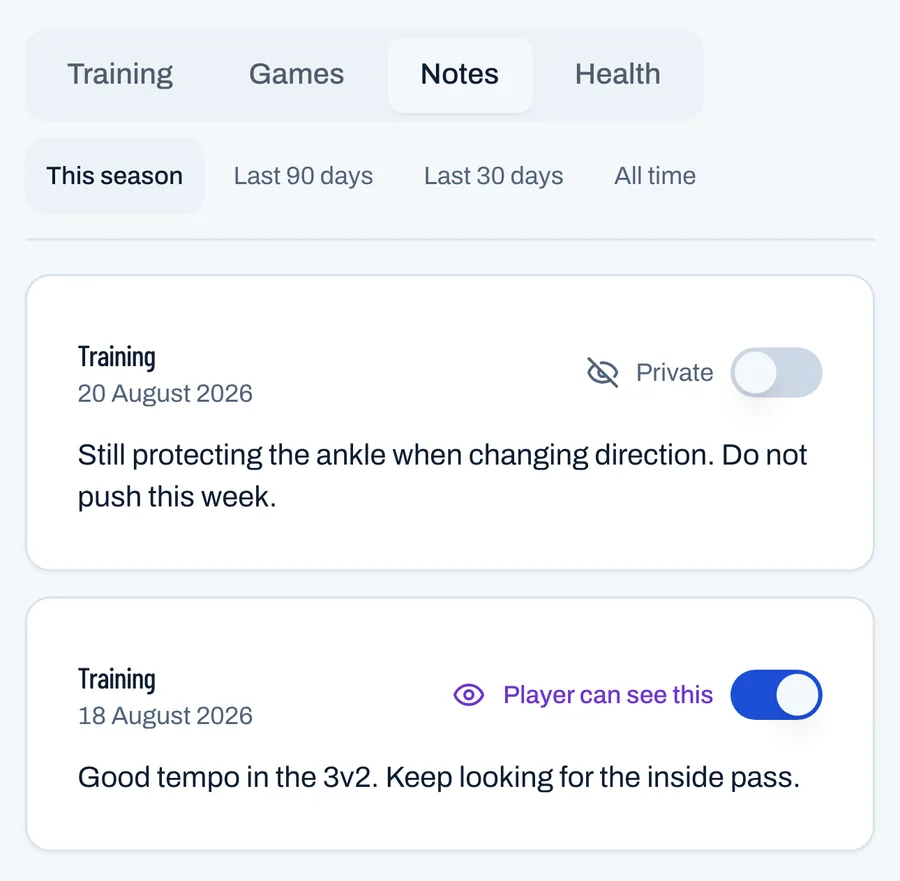 Two notes on the same player: one marked private, one the player can see.