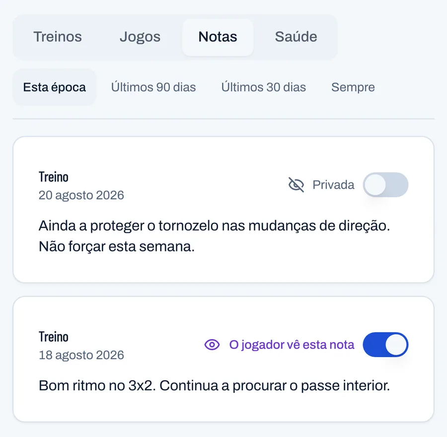 Duas notas no mesmo jogador: uma marcada como privada, outra que o jogador vê.