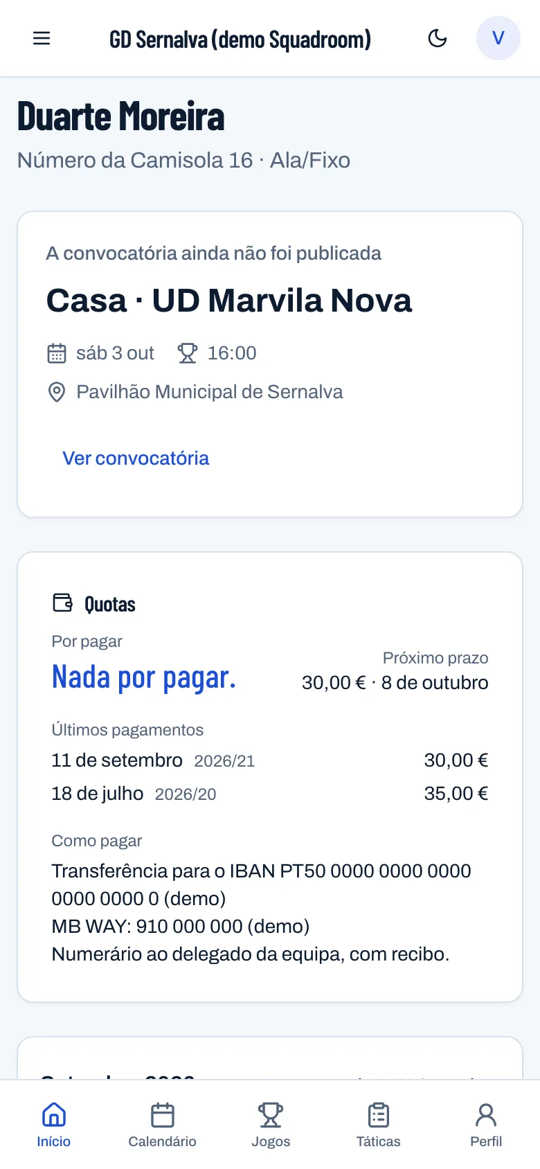 O ecrã inicial de um jogador: o próximo jogo e a resposta a vou jogar.